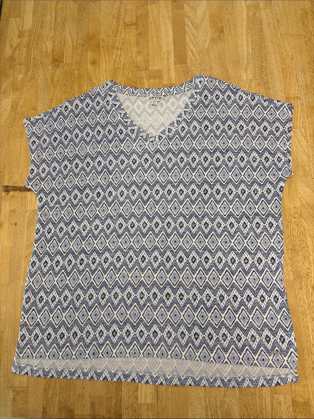 Orvis Women's Blue White Geometric Diamond Ikat V-Neck Tunic Top Size L